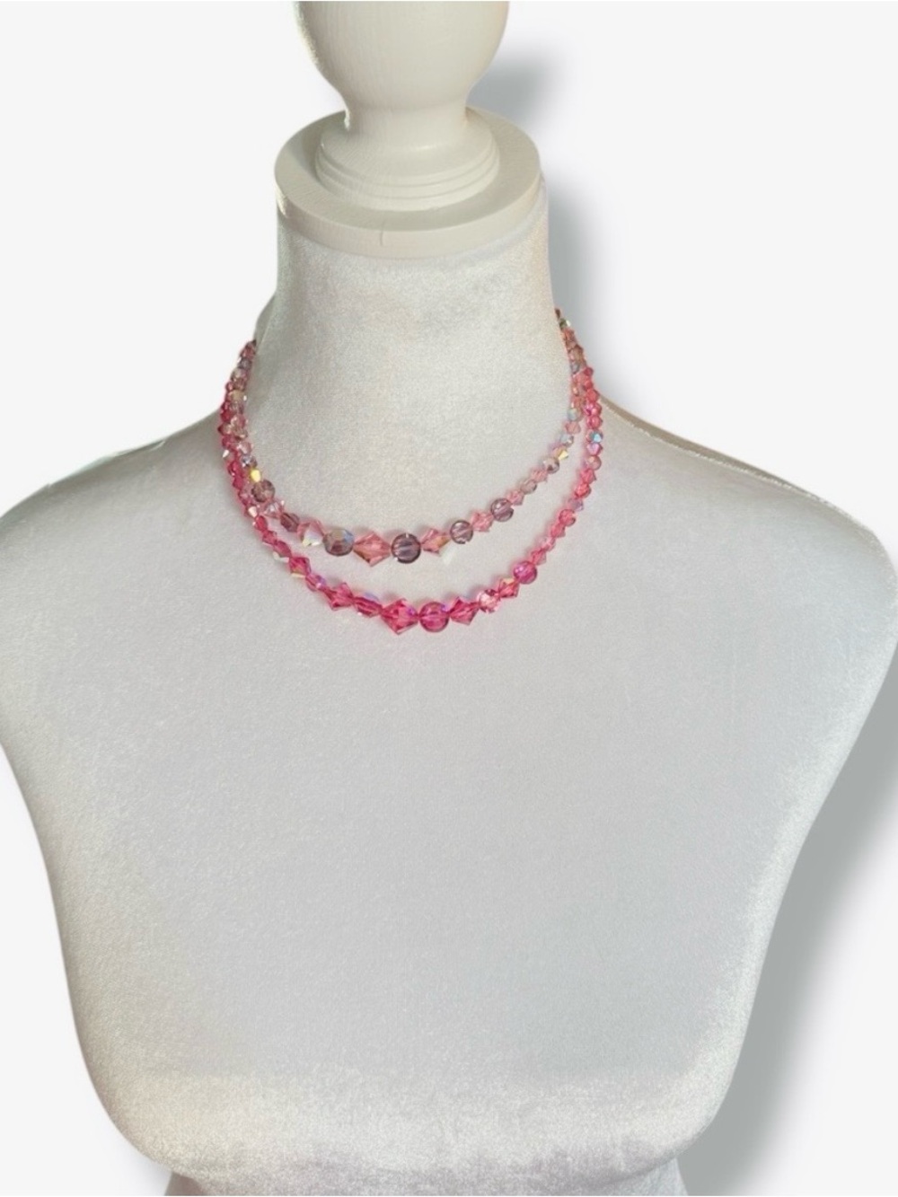 Vintage Double Strand Pink AB Crystal Necklace 1950s Aurora Borealis